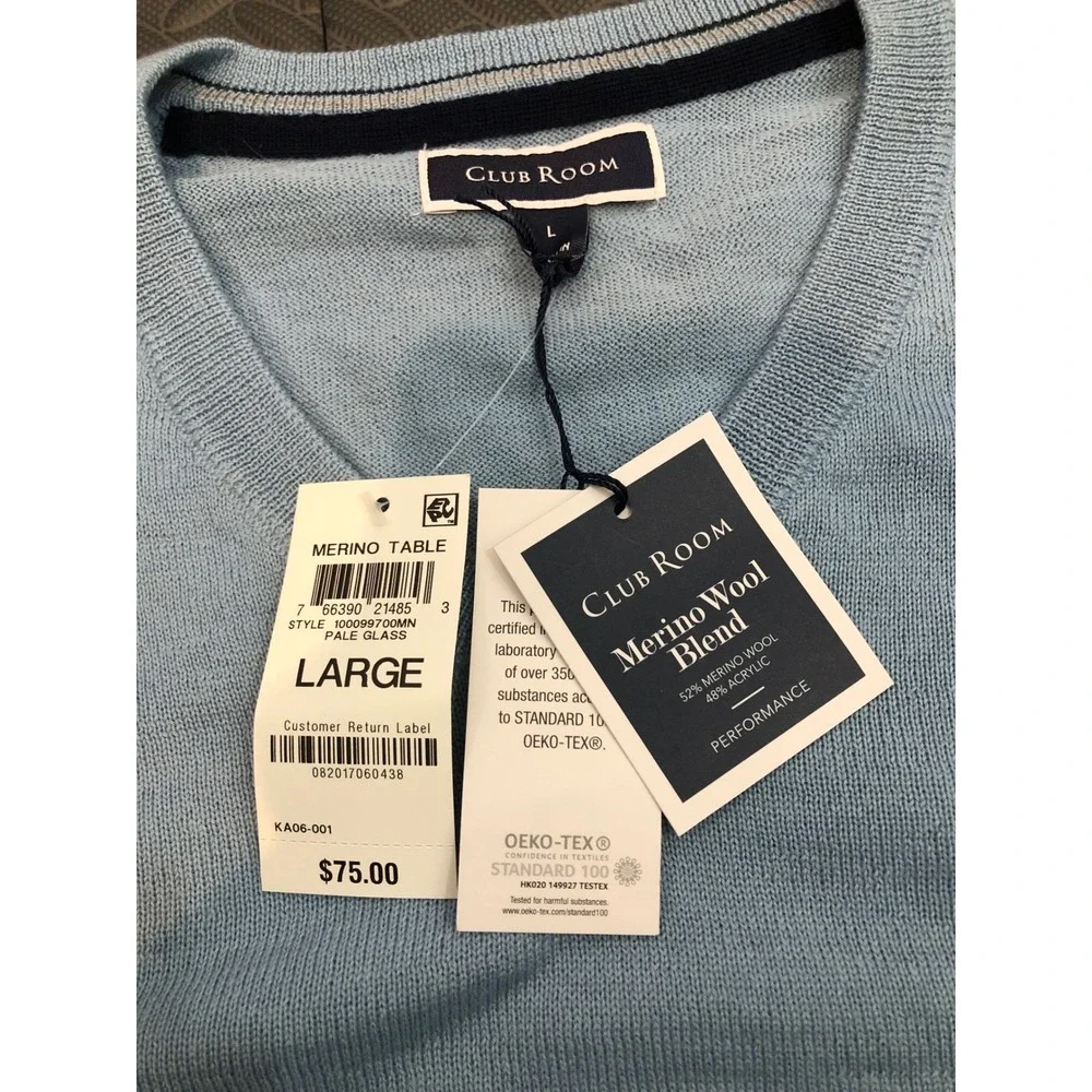 Club Room Sweater Mens Large Blue Merino Wool Blend V-Neck Pullover 100099700MN